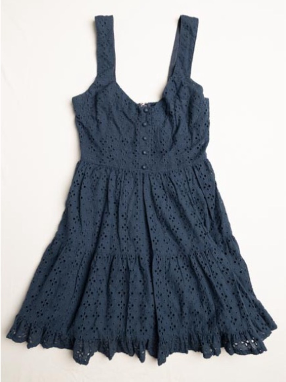 Lulus Sweetheart of Summer Navy Blue Eyelet Tiered Mini Dress Button Front XS